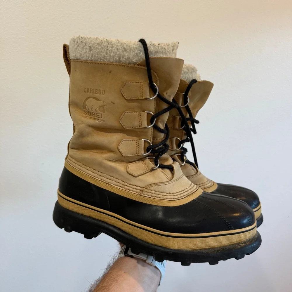 Sorel Caribou Mens 10 Waterproof Winter Snow Boots Buff Black NM1000-281